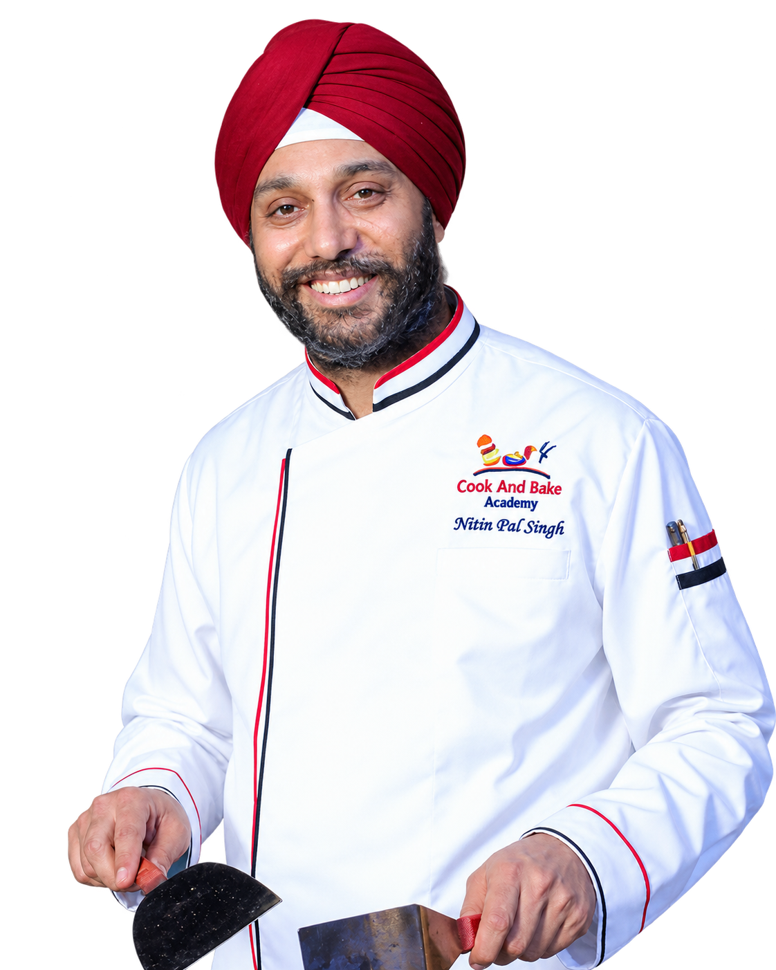 Chef Nitin Pal Singh in chef whites and a red turban